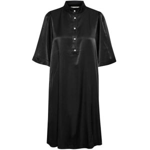 My Essential Wardrobe, Eenvoudige Zwarte Jurk met ½ Mouwen en Mandarin Kraag Zwart, Dames, Maat:L