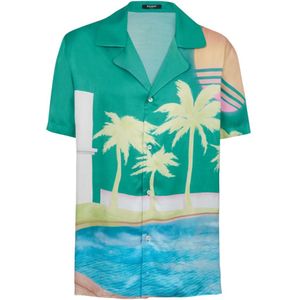 Balmain, Overhemden, Heren, Veelkleurig, 2Xl, Kortemouw twill pyjamashirt met palmboomprint