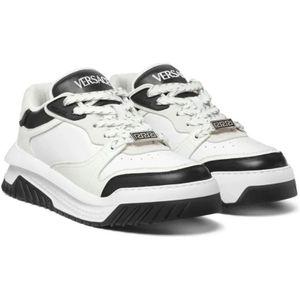 Versace, Schoenen, Heren, Wit, 41 1/2 EU, Leer, Zwarte Grieks motief sneakers laag model