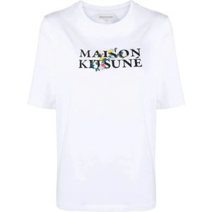 Maison Kitsuné, Tops, Dames, Wit, M, Katoen, Klassiek Logo Bloemenprint T-Shirt