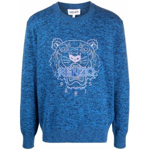 Kenzo, Truien, Heren, Blauw, L, Katoen, Blauwe Tiger Icon Logo Sweater