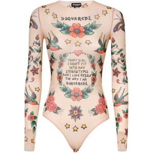 Dsquared2, Tops, Dames, Veelkleurig, L, Tule, Gedrukte Tule Bodysuit