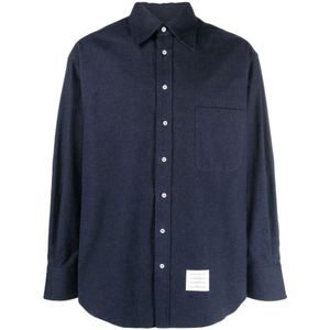 Thom Browne, Overhemden, Heren, Blauw, L, Katoen, Blauw Overhemd met Logo-Patch Detail