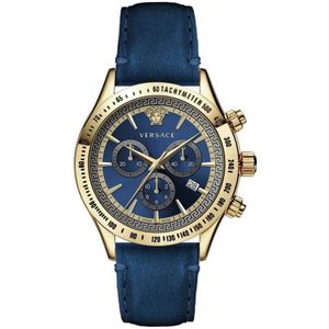 Versace, Accessoires, Heren, Veelkleurig, ONE Size, Klassieke Chrono Blauw Lederen Gouden Horloge