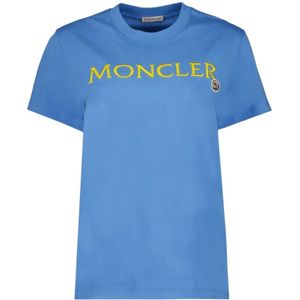 Moncler, Tops, Dames, Blauw, L, Katoen, Logo T-shirt, korte mouwen, slim fit
