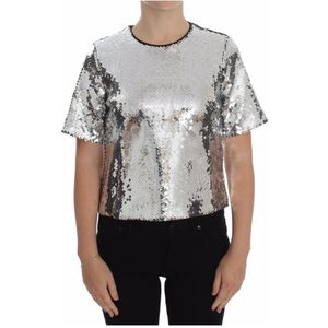 Dolce & Gabbana, Tops, Dames, Grijs, S, Pailletten, Zilveren Pailletten Blouse T-shirt met ronde hals