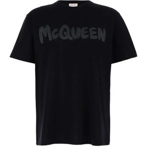 Alexander McQueen, Tops, Heren, Zwart, S, Katoen, Glitter Logo Crew Neck Zwart T-shirt