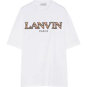 Lanvin, Tops, Heren, Wit, S, Katoen, Witte Curb T-shirt Jersey Katoen Logo