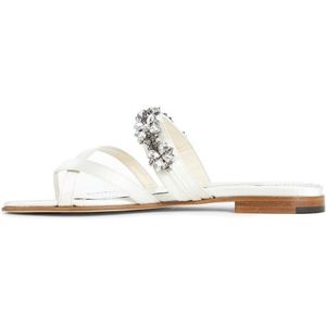 Manolo Blahnik, Schoenen, Dames, Wit, 38 EU, Witte Strass Bloem Blokhak Sandaal