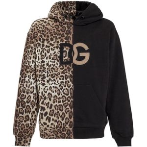 Dolce & Gabbana, Sweatshirts & Hoodies, Heren, Zwart, L, Katoen, Leopardprint Hoodie met DG Logo