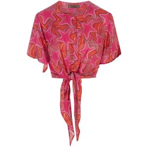 Alessandro Enriquez, Blouses & Shirts, Dames, Veelkleurig, 2Xs, Roze Sterrenprint Knoop Crop Shirt