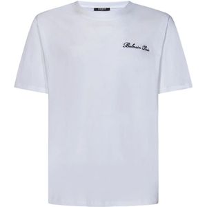 Balmain, Tops, Heren, Wit, XL, Katoen, Wit Logo Geborduurd T-Shirt