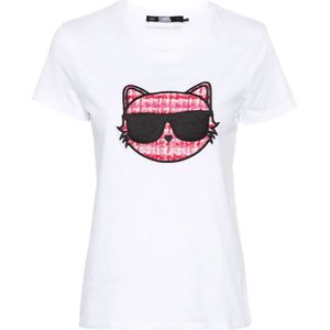 Karl Lagerfeld, Witte Choupette Fuchsia T-shirt Wit, Dames, Maat:S