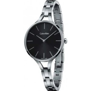 Calvin Klein, Accessoires, Dames, Grijs, ONE Size, Moderne quartz horloge met zwarte wijzerplaat en zilveren stalen band