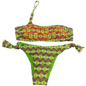 Miss Bikini, Badkleding, Dames, Veelkleurig, S, Geometrische Hexagon Een-Schouder Bikini Top