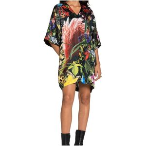 Roberto Cavalli, Kleedjes, Dames, Veelkleurig, M, Zijden jurk met bloemen- en luipaardprint