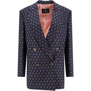 Etro, Jassen, Dames, Veelkleurig, 2Xs, Katoen, Blauwe Double-Breasted Blazer Met Motief