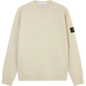 Stone Island, Sweatshirts & Hoodies, Heren, Beige, S, Katoen, Geribbelde Crewneck Geborsteld Katoen Fleece Sweater