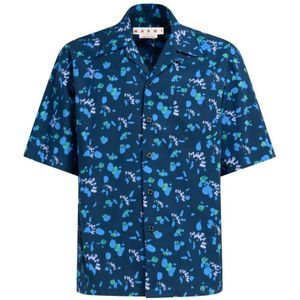 Marni, Overhemden, Heren, Blauw, S, Katoen, Kortemouw Bowling Shirt met Dripping-Print