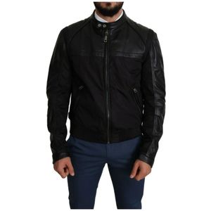 Dolce & Gabbana, Jassen, Heren, Zwart, XS, Leer, Blackylon Full Zip Heren Bomber Jas