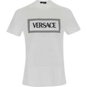 Versace, Zwarte Logo Geborduurde Katoenen T-shirt Wit, Heren, Maat:L