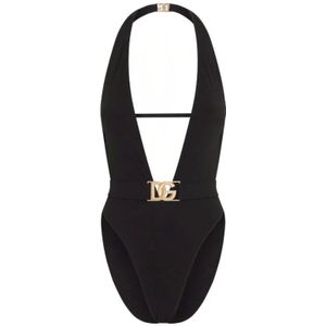 Dolce & Gabbana, Badkleding, Dames, Zwart, S, Nylon, Badpak met diepe halslijn en riem