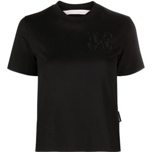 Palm Angels, Zwarte T-shirts en Polos met Geborduurd Logo Zwart, Dames, Maat:XS