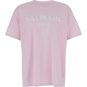 Balmain, Tops, Heren, Roze, XL, Katoen, Roze Logo Print T-shirt