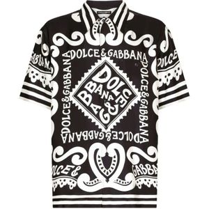 Dolce & Gabbana, Overhemden, Heren, Zwart, L, Zijden Logo Print Overhemd Klassieke Kraag