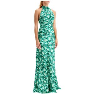 Saloni, Kleedjes, Dames, Groen, S, Satijn, Bloemenprint Halter Maxi Jurk