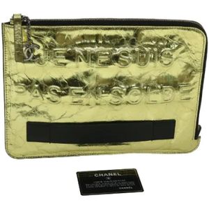 Chanel Vintage, Pre-owned, Dames, Geel, ONE Size, Tweed, Tweedehands Gouden Canvas Tas
