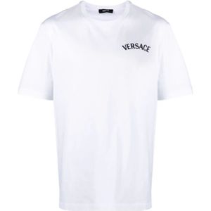 Versace, Milano Stamp Geborduurde T-shirts en Polos Wit, Heren, Maat:XL