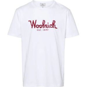 Woolrich, Tops, Heren, Wit, L, Katoen, Geborduurd Logo Crew Neck T-shirts en Polos