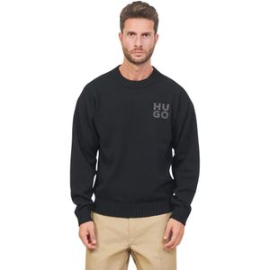Hugo Boss, Sweatshirts & Hoodies, Heren, Zwart, S, Wol, Zwarte trui met relaxed fit en logo detail