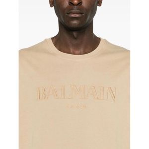 Balmain, Tops, Heren, Beige, XL, Katoen, Beige Jersey Geborduurd Logo Ronde Hals