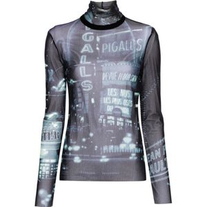 Jean Paul Gaultier, Tops, Dames, Blauw, XS, Gedrukte Mesh Longsleeve Top Navy/Lichtblauw