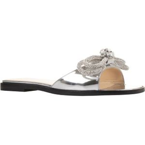 Mach & Mach, Schoenen, Dames, Grijs, 38 1/2 EU, Leer, Zilveren Boog Platte Sandalen met Strass