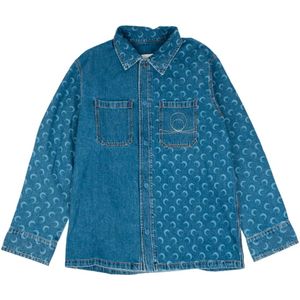 Marine Serre, Jassen, Heren, Blauw, L, Denim, Denim Moon Laser Overshirt