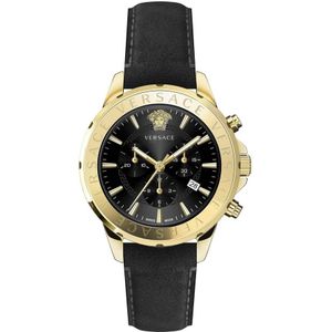 Versace, Chrono Signature Chronograaf Leren Horloge Geel, Heren, Maat:ONE Size