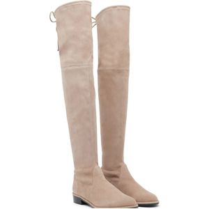 Stuart Weitzman, Schoenen, Dames, Beige, 40 1/2 EU, Suède, Stretch Over-de-Knie Laars