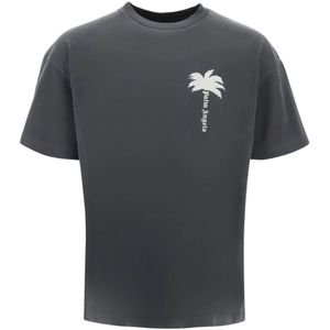 Palm Angels, Tops, Heren, Grijs, M, Katoen, Versleten Print Ronde Hals T-Shirt