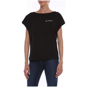 Love Moschino, Logo Geborduurd Katoenen T-Shirt voor Vrouwen Zwart, Dames, Maat:L