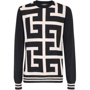 Balmain, Truien, Heren, Zwart, L, Wol, Jacquard Merino Wool Crew-Neck Sweater