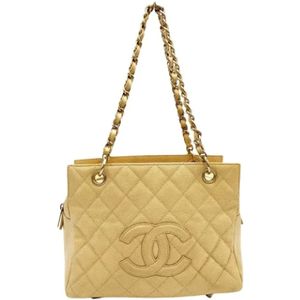 Chanel Vintage, Pre-owned, Dames, Beige, ONE Size, Leer, Tweedehands leren schoudertassen