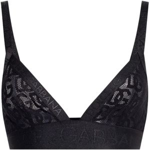 Dolce & Gabbana, Ondergoed, Dames, Zwart, 2Xs, Zwarte Beha met Logo en Kantaccenten