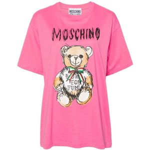 Moschino, Roze Logo Print Teddy Bear T-shirts en Polos Roze, Dames, Maat:S