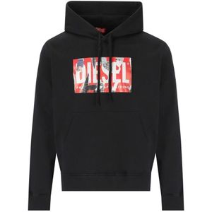 Diesel, Zwarte Katoenen Hoodie met Logo Print Zwart, Heren, Maat:S