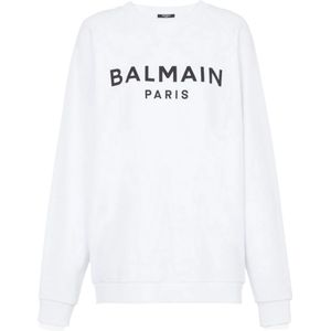 Balmain, Sweatshirts & Hoodies, Heren, Wit, M, Katoen, Katoenen bedrukte logo-sweatshirt