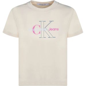 Calvin Klein, Tops, Heren, Beige, M, Katoen, Multikleur Logo Print Cropped T-Shirt