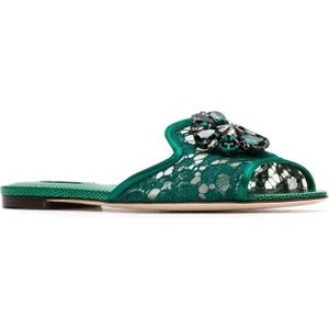 Dolce & Gabbana, Schoenen, Dames, Groen, 35 EU, Groene kristalversierde kanten sandalen